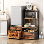 Mini Fridge Stand with Wine Rack, Power Outlet, Microwave Oven Stand, Coffee Bar