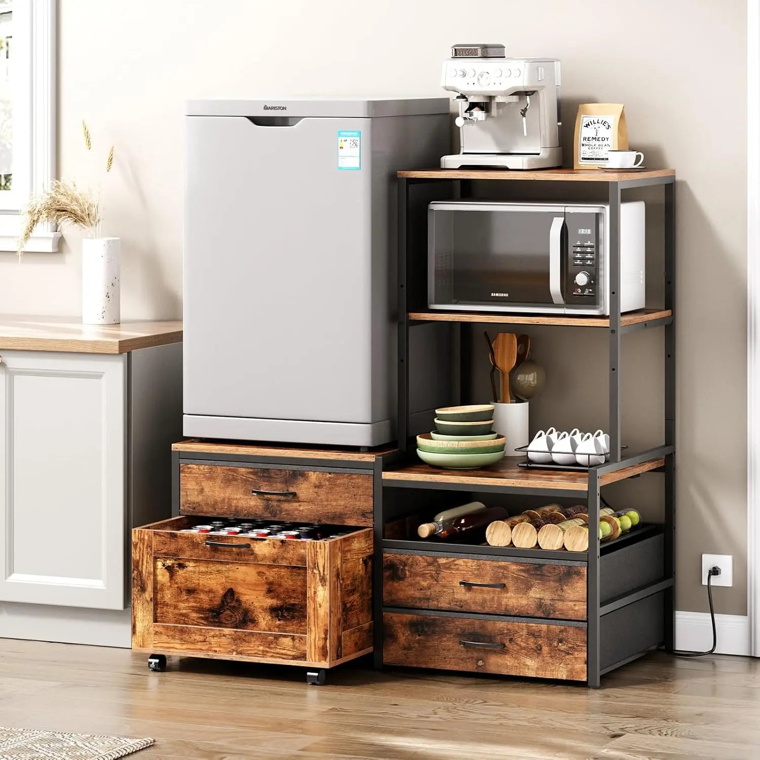 Mini Fridge Stand with Wine Rack, Power Outlet, Microwave Oven Stand, Coffee Bar