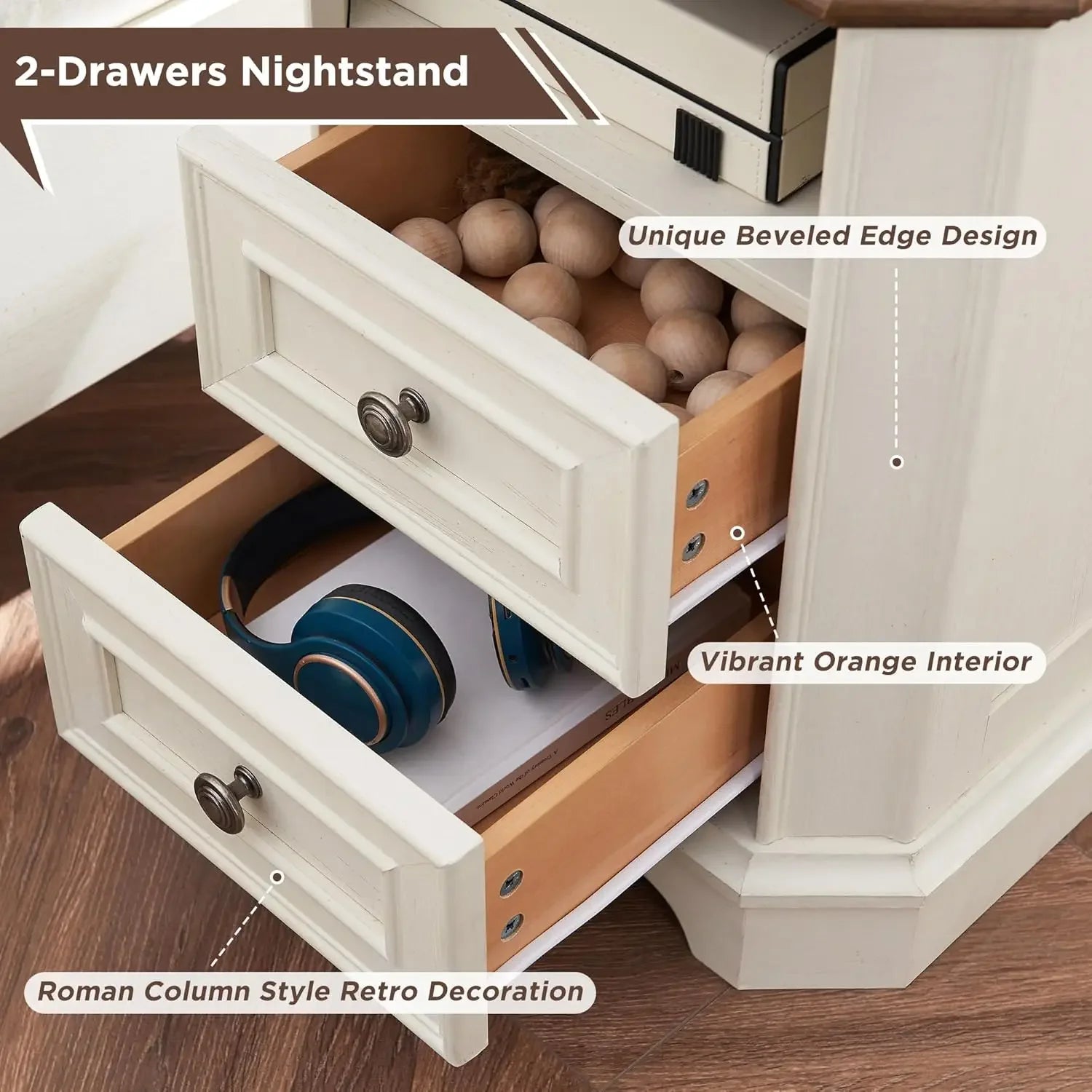 Farmhouse Nightstand Set of 2 with Charging Station, 18" End Table with 2 Drawers