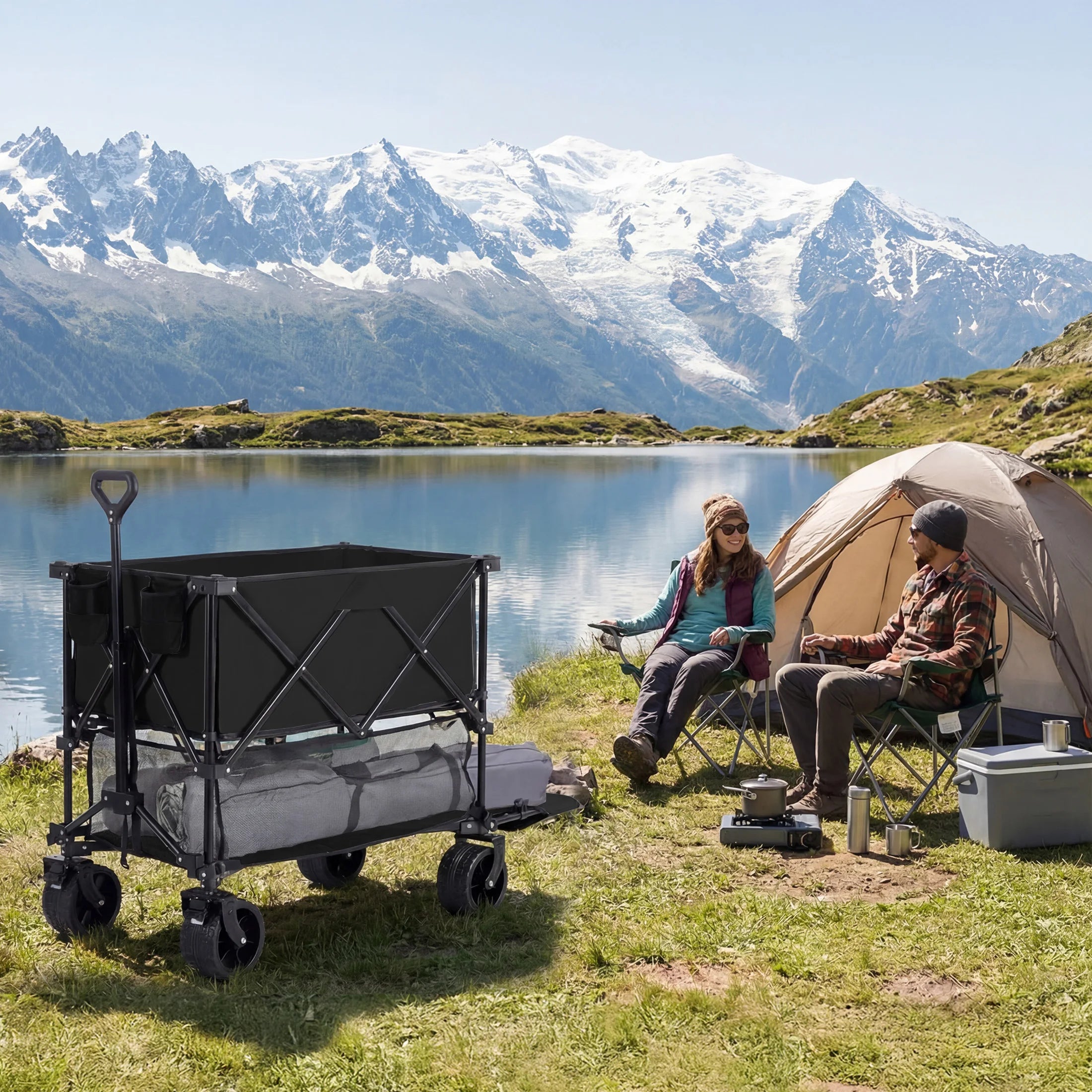 Outdoor Double Decker Wagons Cart 440 lbs Large Capacity Collapsible Foldable Cart for Grocery Garden Camping