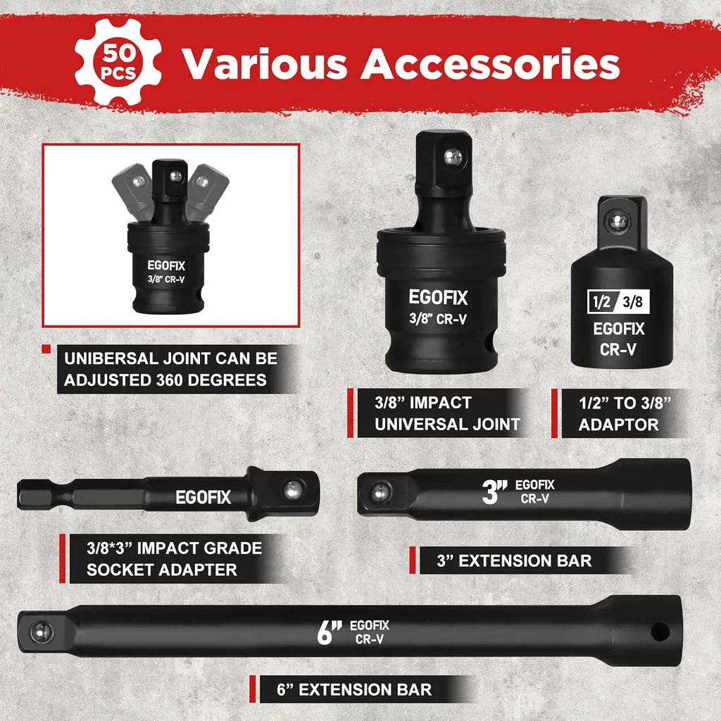 50-Piece 3/8" Impact Socket Set with SAE/Metric Sizes, Ratchet Handle & Extensions