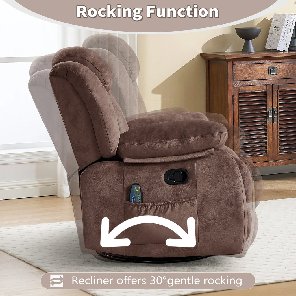 Massage Rocker Recliner with Heat and Vibration, 360 Degree Swivel Manual Antiskid Fabric Single Sofa Heavy Duty Reclining Chair