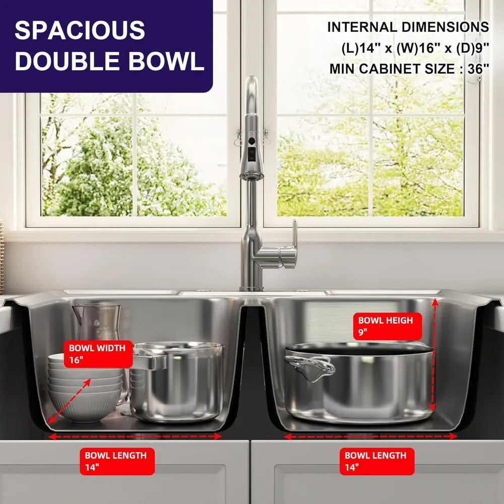 33x22 Double Bowl Drop In Kitchen Sink 304 Stainless Steel 18 Gauge Curved Shape Round Corner