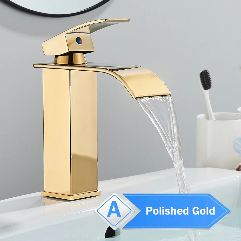 Deck Mounted Bathroom Basin Faucet Waterfall Vanity Sink Hot and Cold Water Mixer