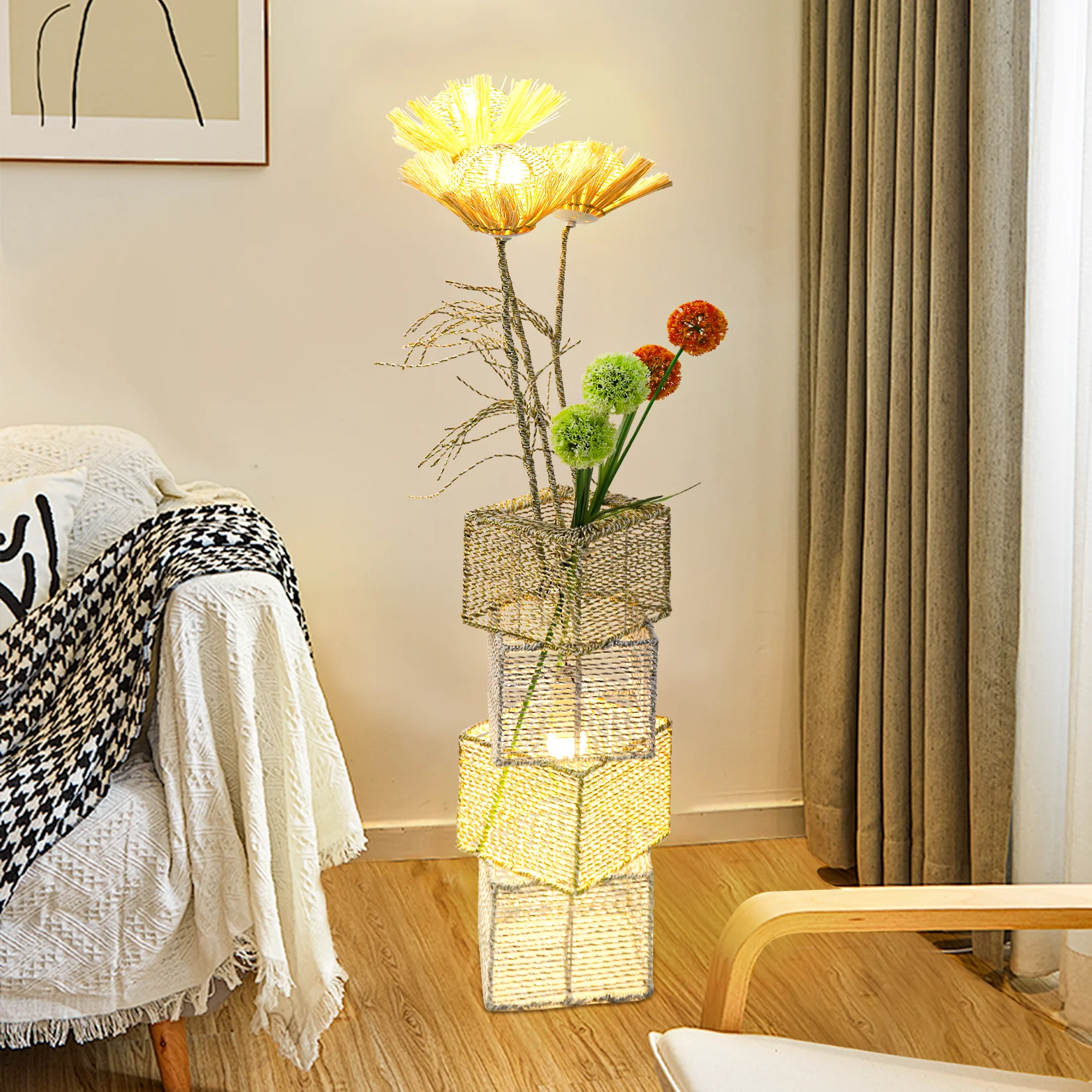 Modern Rattan Floor Lamp Dimmable Standing Floor Lamp
