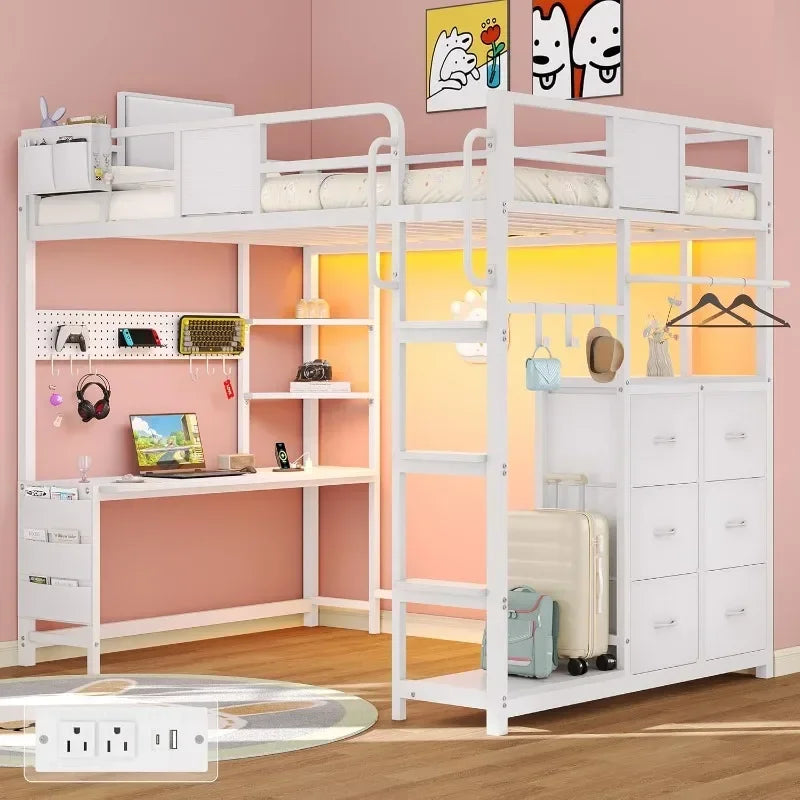 Twin Loft Bed with Desk, Twin Bed Frame with 6 Storage Drawers, 2 Bedside Organizer, 3 Movable Hooks, LED Lights