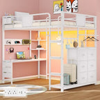 Twin Loft Bed with Desk, Twin Bed Frame with 6 Storage Drawers, 2 Bedside Organizer, 3 Movable Hooks, LED Lights