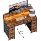 Computer Desk with 8 Storage Drawers, Adjustable Monitor Stand, Writing Desk with LED Lights & USB Power Outlets