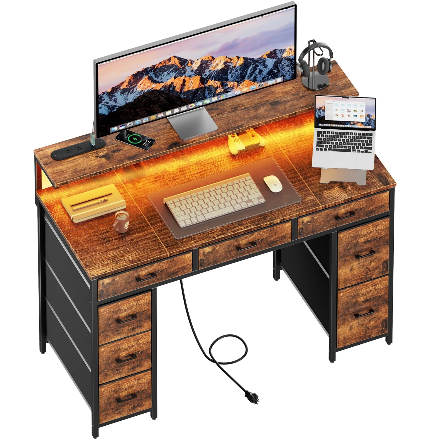 Computer Desk with 8 Storage Drawers, Adjustable Monitor Stand, Writing Desk with LED Lights & USB Power Outlets