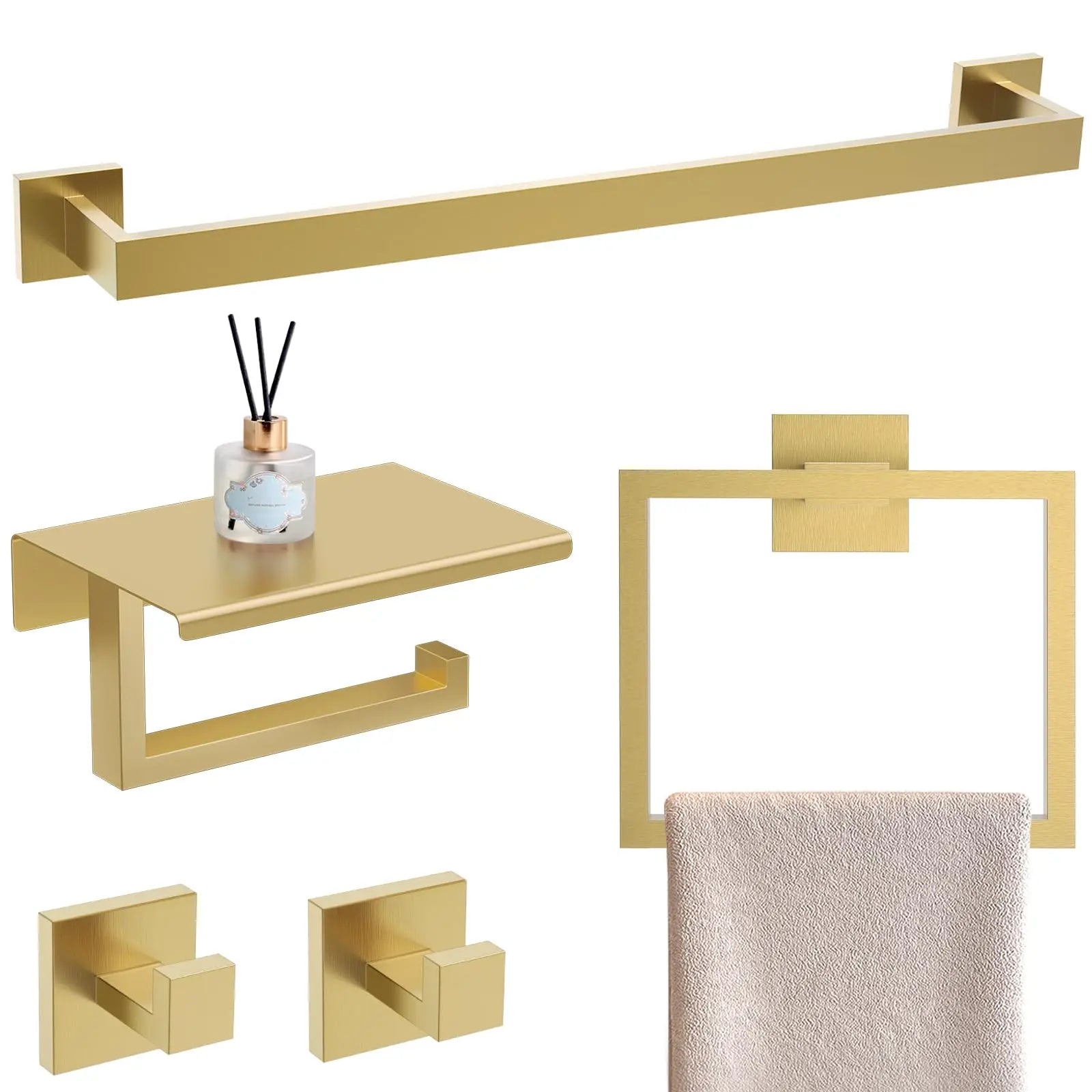 Brushed Gold Bathroom Hardware Accessorie Set 23.6 Inch Towel Bar Set 5-Pieces Towel Rack&Holder Set for Bathroom,Upgraded Toilet Paper Holder with Shelf,Stainless Steel Wall-Mounted