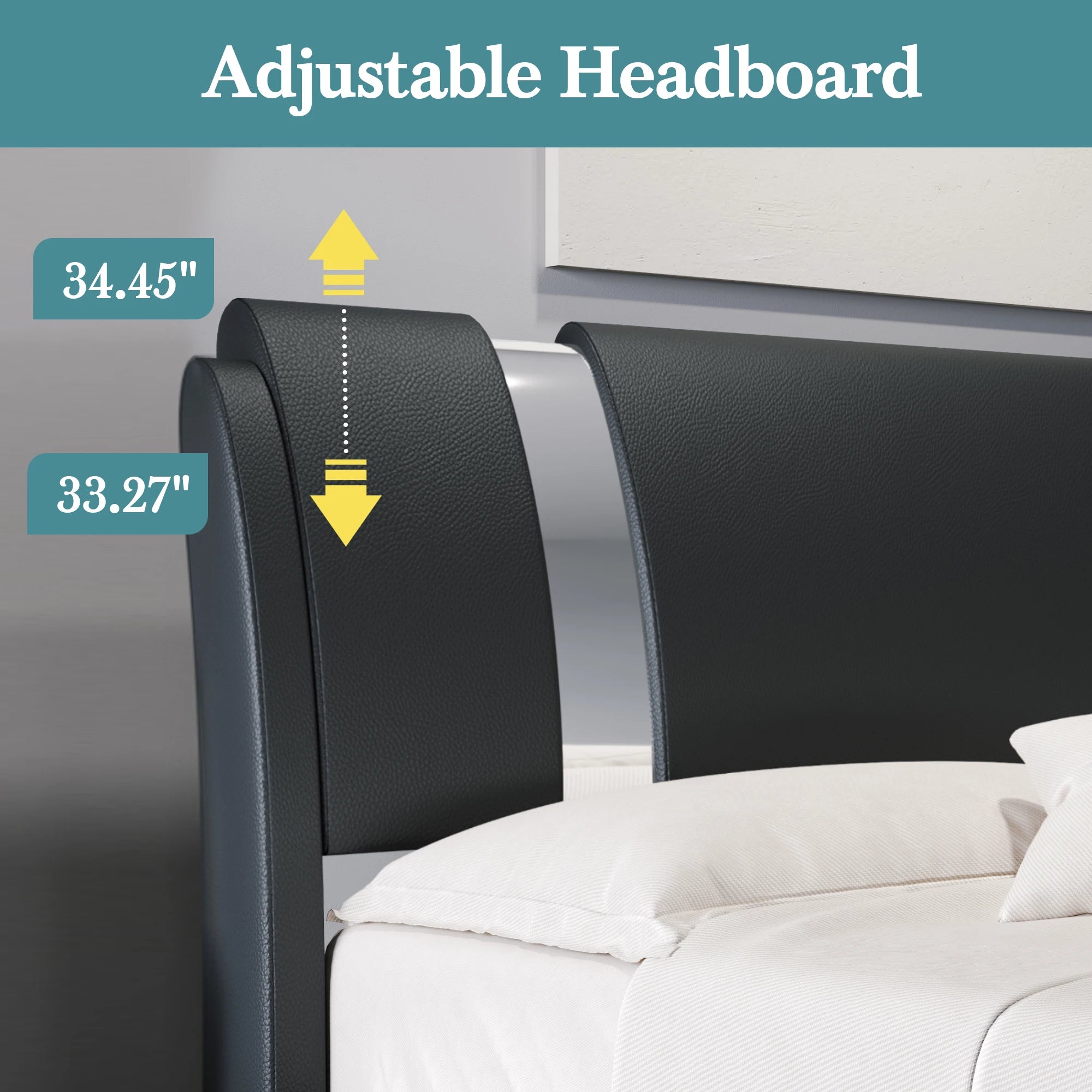Modern Faux Leather Bed Frame with Iron Pieces Decor, Low Profile Platform Bed Adjustable Headboard