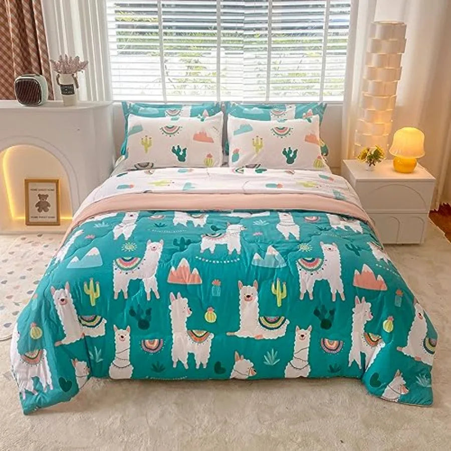 Comforter Set Bed in A Bag Size 7 Pcs Cute Alpaca Tropical Plant Cactus Bedding Set