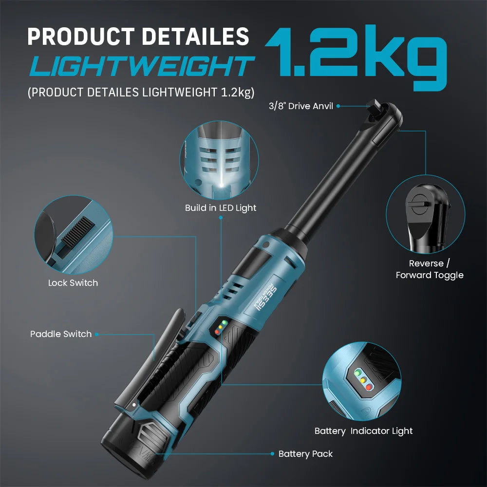 6" Extended Ratchet Wrench 3/8"Cordless Electric Wrench 55Nm 12V Rechargeable