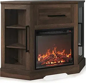 Corner TV Stand with 18" Electric Fireplace Heater for TVs up to 43"