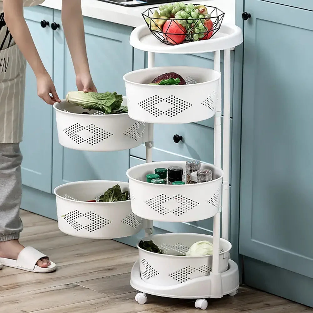 5 Tier Rotating Kitchen Organizer Rack 360° Swivel Baskets Adjustable Height with Wheels