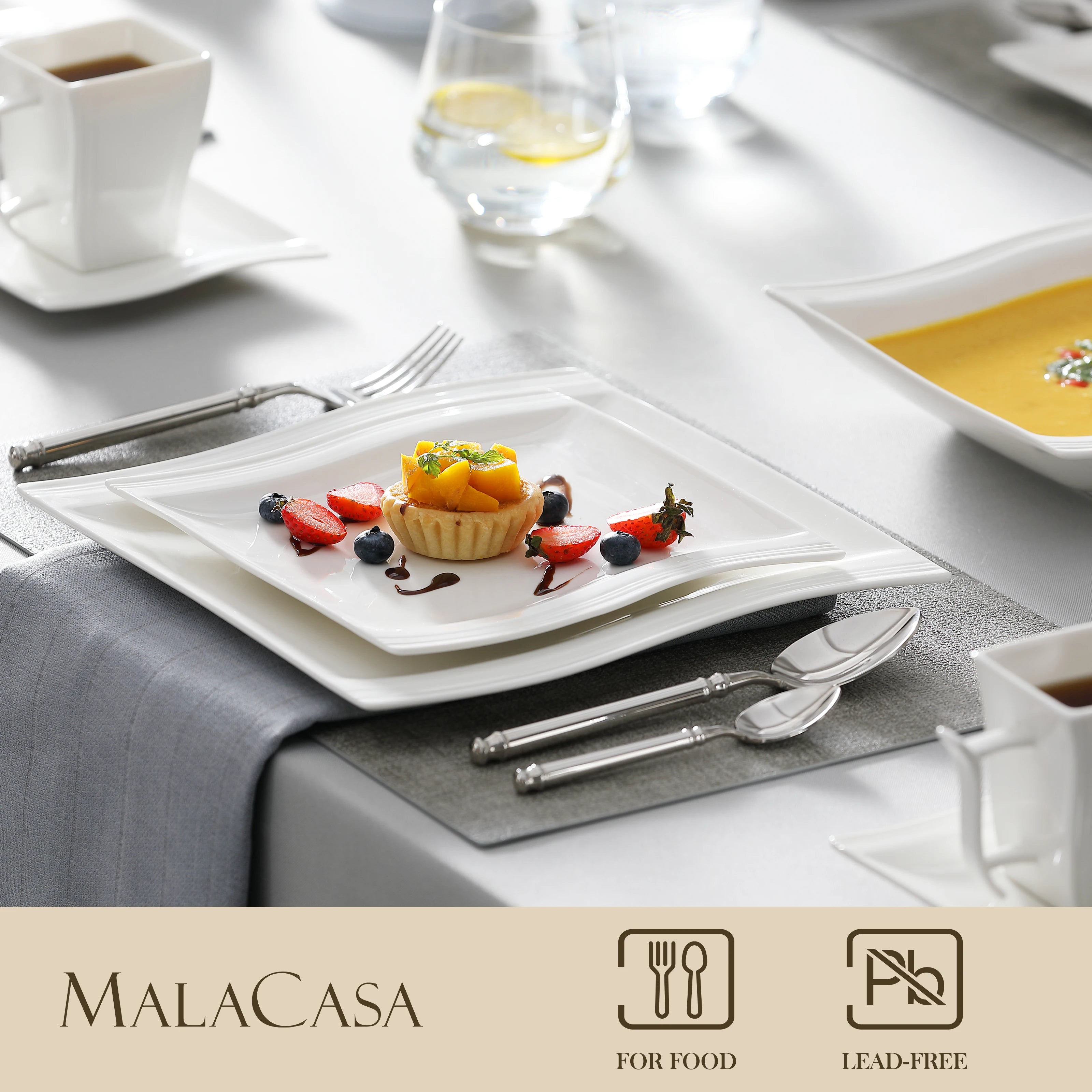 MALACASA 30 Piece White Porcelain Dinner Set with 6PCS Dinner Plate/Dessert/Soup/Mug/Saucer Tableware Set for 6-12 Person