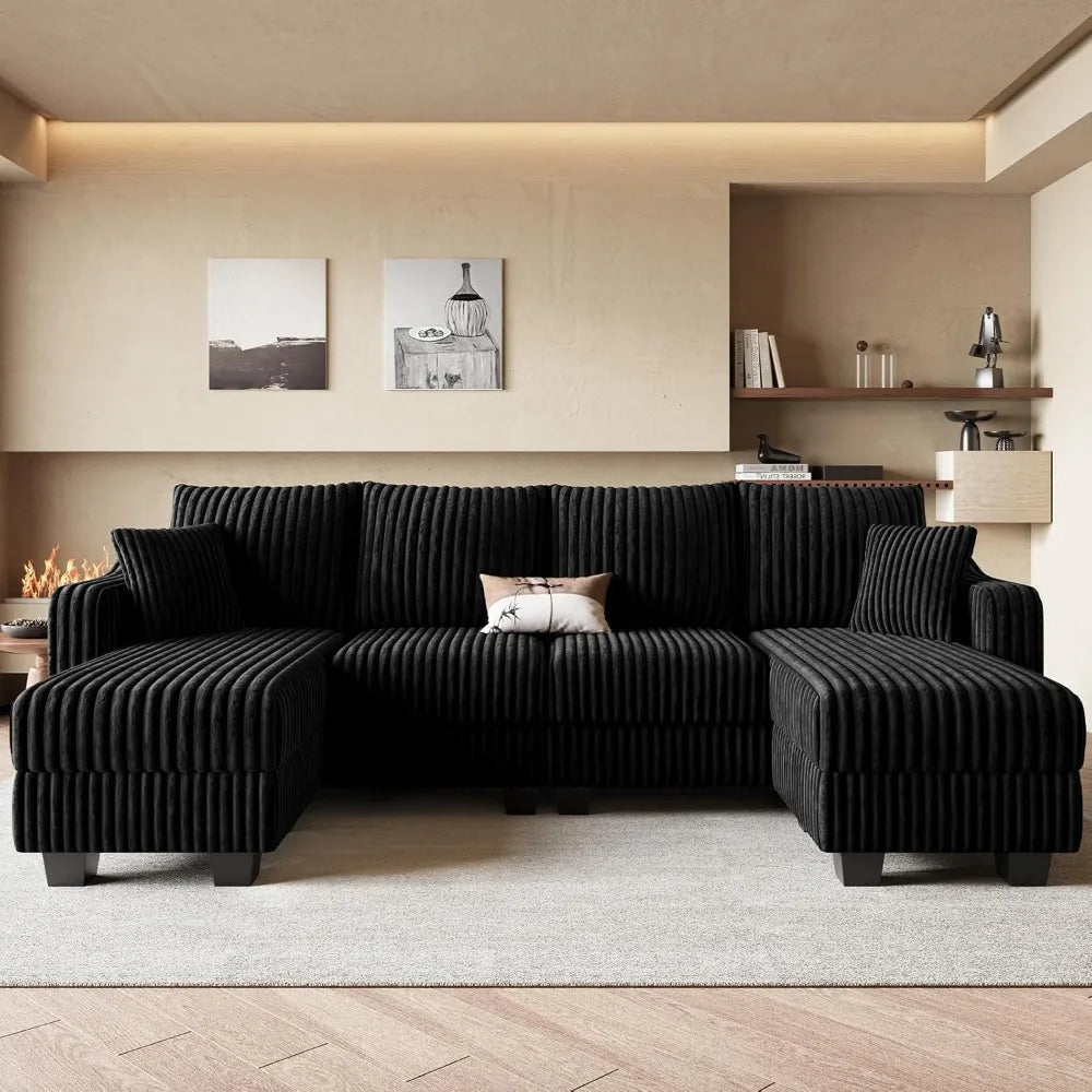 U-Shaped Sectional Sofa with Reversible Chaises & Ottomans, Corduroy Fabric
