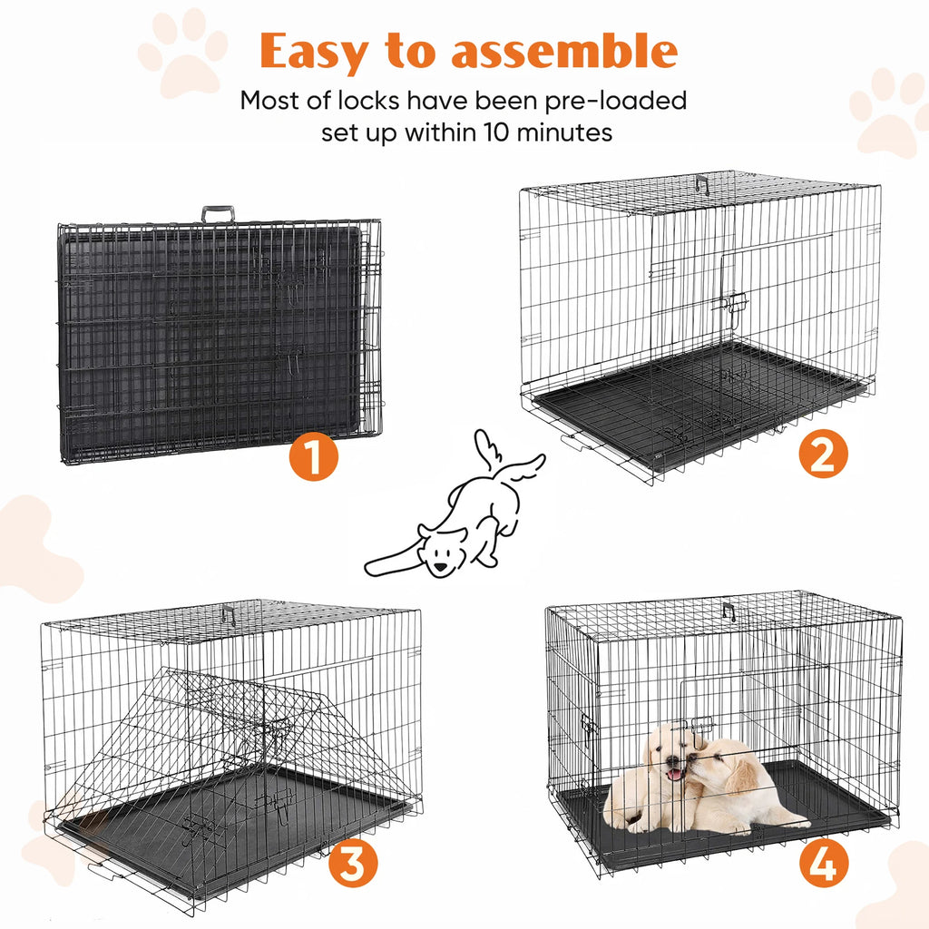 Double Door Folding Metal Wire Dog Crate with Plastic Leak-Proof Tray