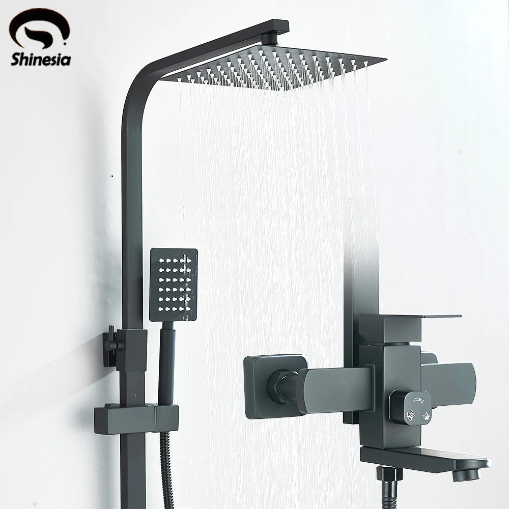 Luxury Bathroom Shower Faucet Wall Mounted Swivel Spout Shower Set Square Rainfall Water Tap Mixer System Hot Cold Taps