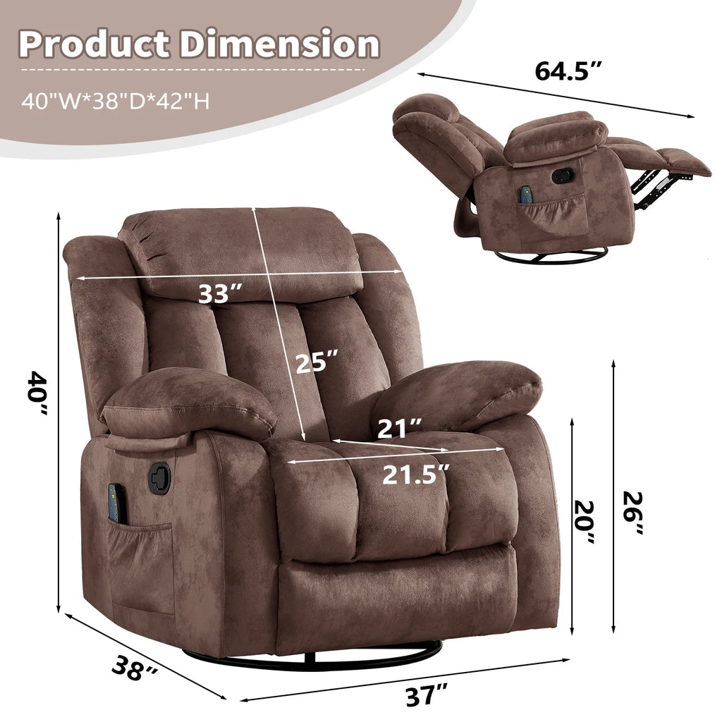 Massage Rocker Recliner with Heat and Vibration, 360 Degree Swivel Manual Antiskid Fabric Single Sofa Heavy Duty Reclining Chair