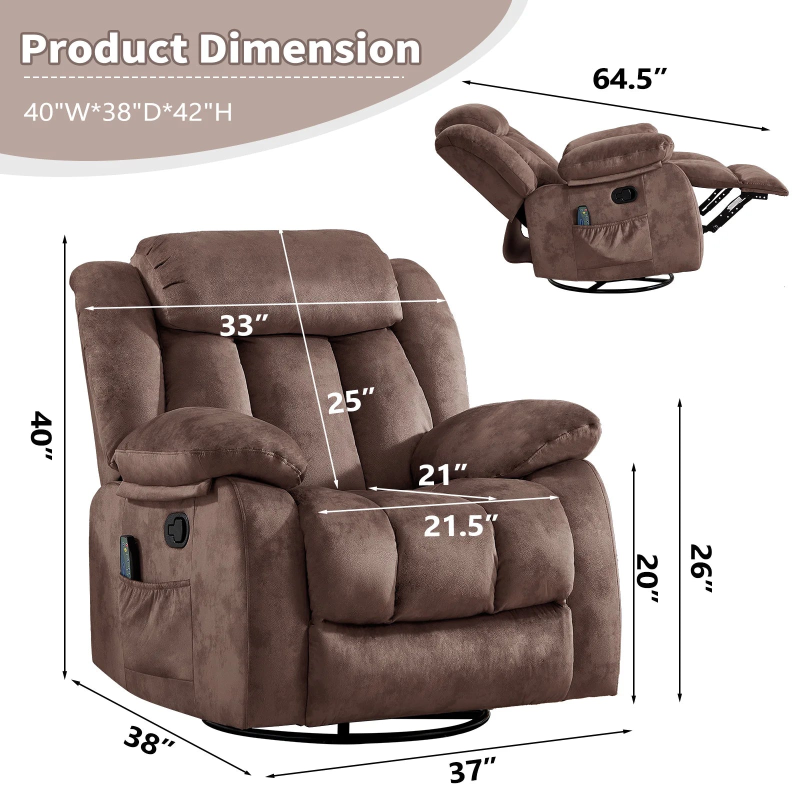 Massage Rocker Recliner with Heat and Vibration, 360 Degree Swivel Manual Antiskid Fabric Single Sofa Heavy Duty Reclining Chair