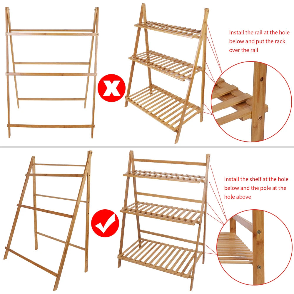 70/100cm Bamboo Plant Stand Folding 3 Tier Flower Pot Display Shelf Indoor Outdoor Ladder Garden Rack