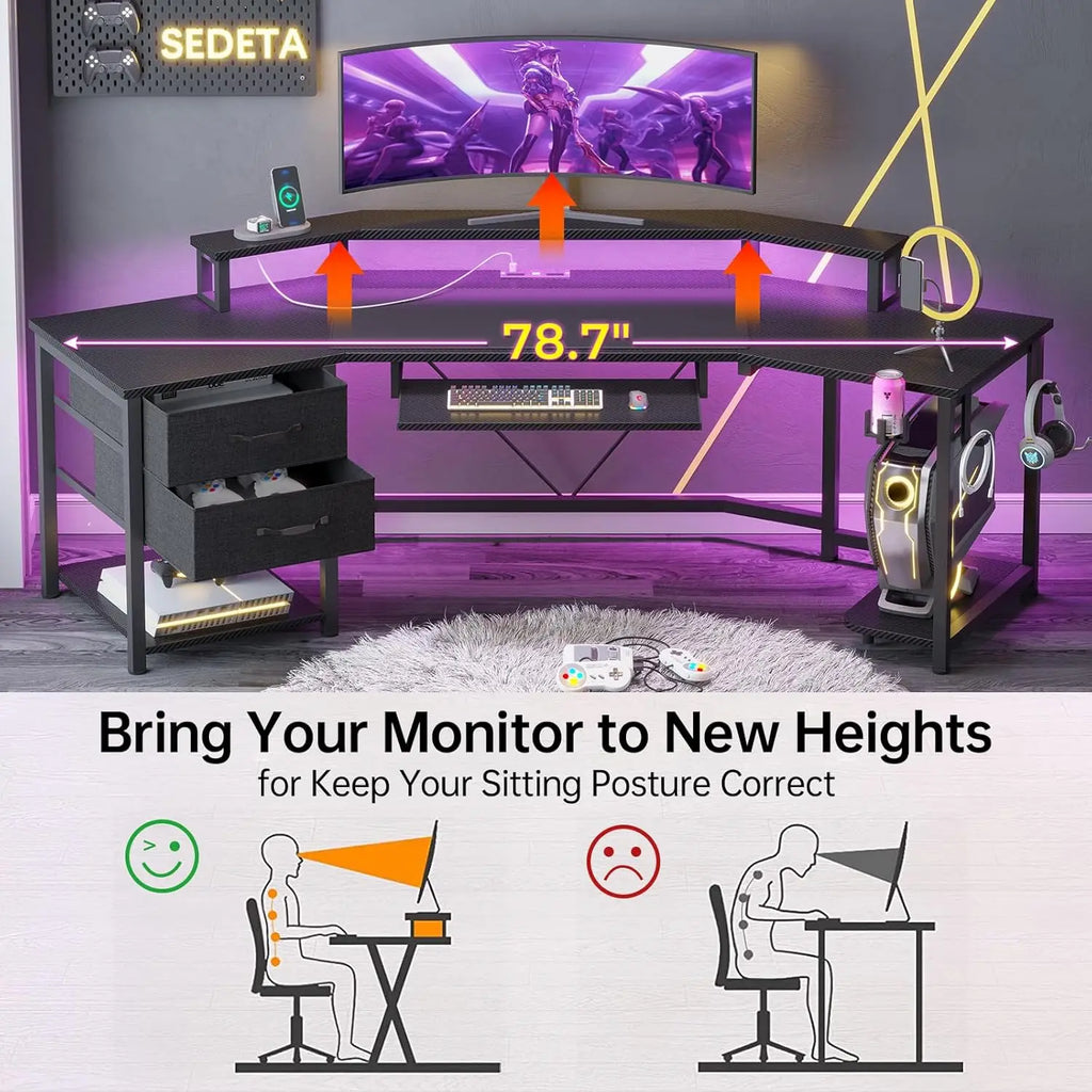 79" Gaming Desk With Storage , Led Lights