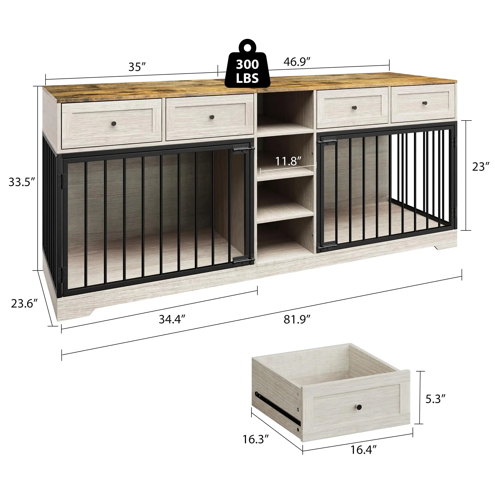 82'' Large Double Dog Crate TV Stand With 4 Drawers, Shelves