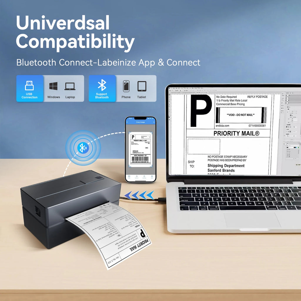 Thermal Label Printer Portable No Ink Required 203DPI 4x6 for Small Business Bluetooth USB