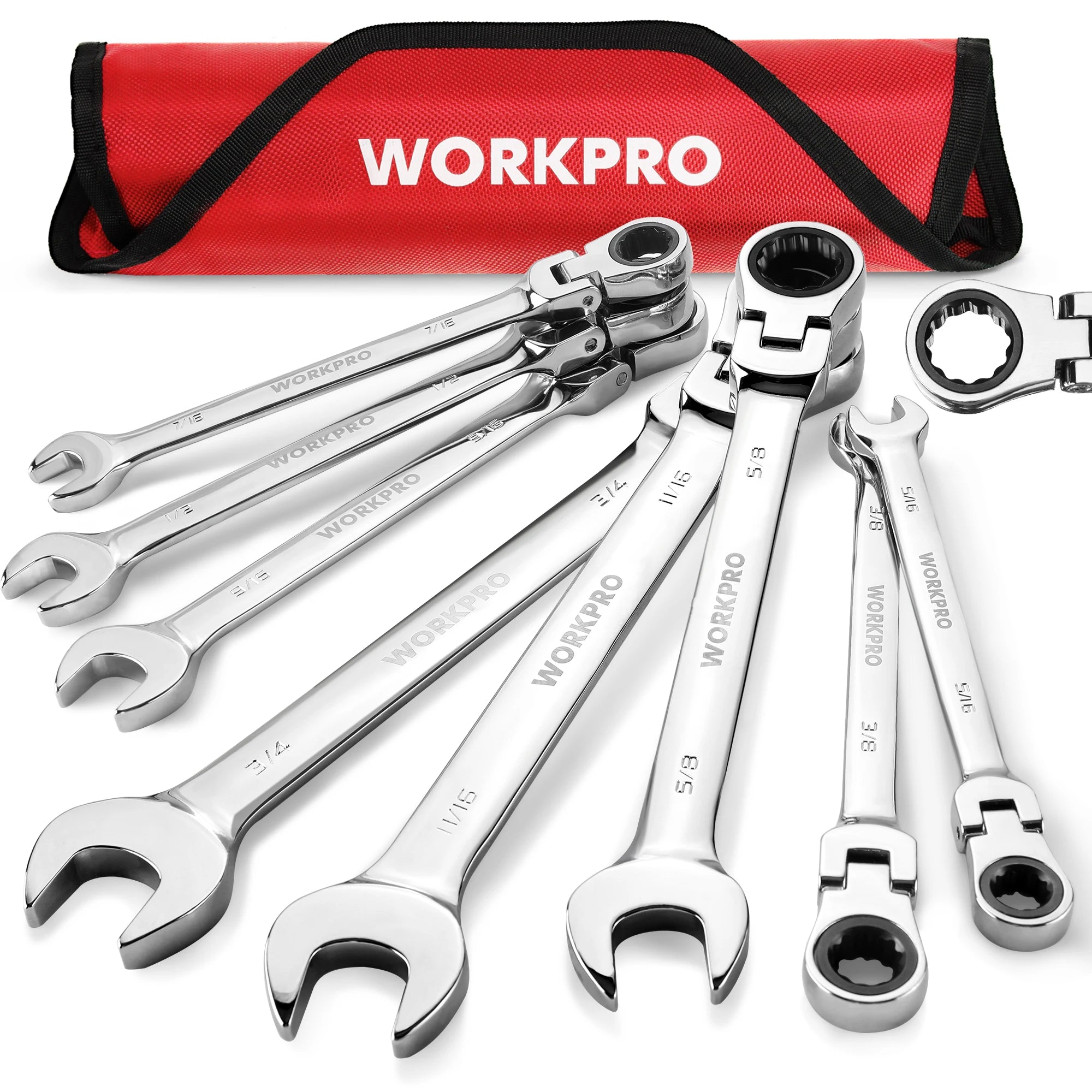 8pcs Flex-Head Ratcheting Combination Wrench Set SAE 5/16-3/4 in 72-Teeth CR-V Constructed