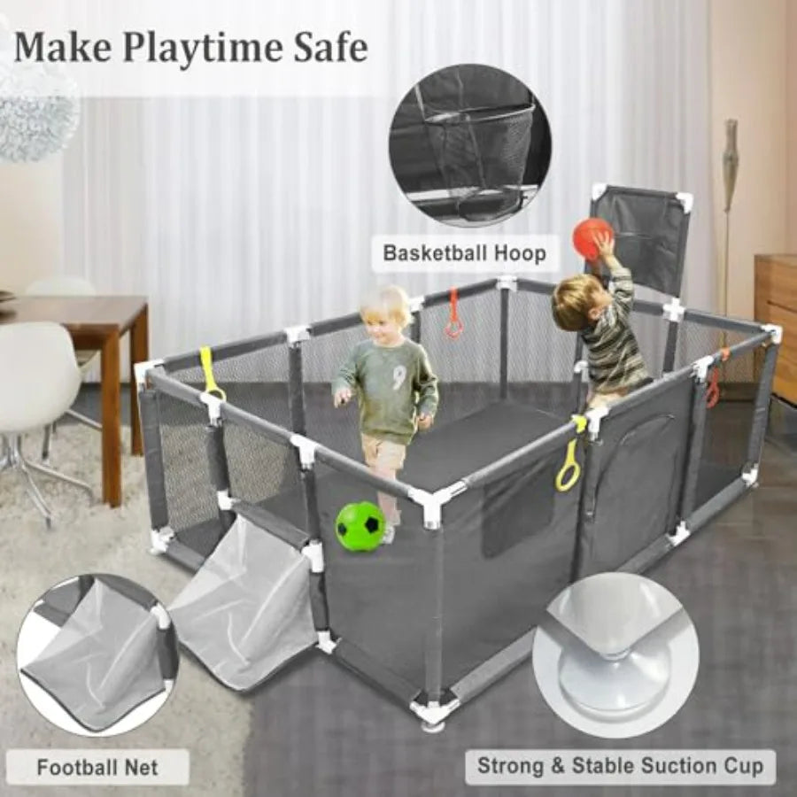 74''×50'' Play Pen for Toddlers with Basketball Hoop Soccer Nets