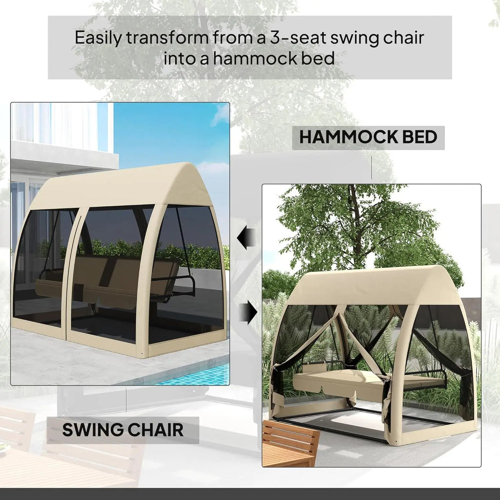 3-Seat Outdoor Porch Swing Bed with Convertible Backrest Cushion Canopy