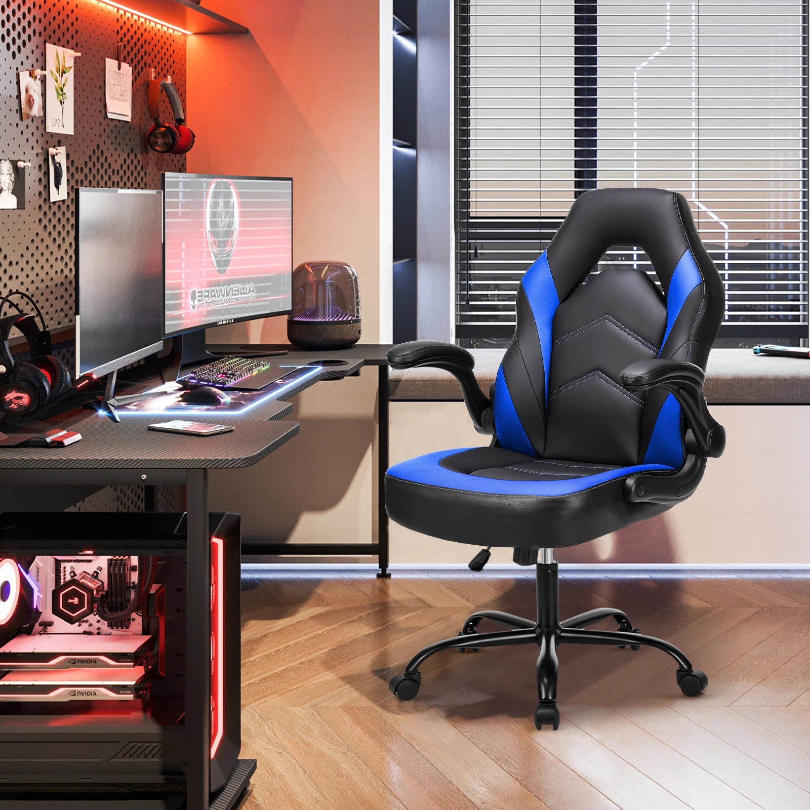 Ergonomic Office Chair with Swivel Rolling Adjustable PU Leather Racing Chair Flip-up Armrest