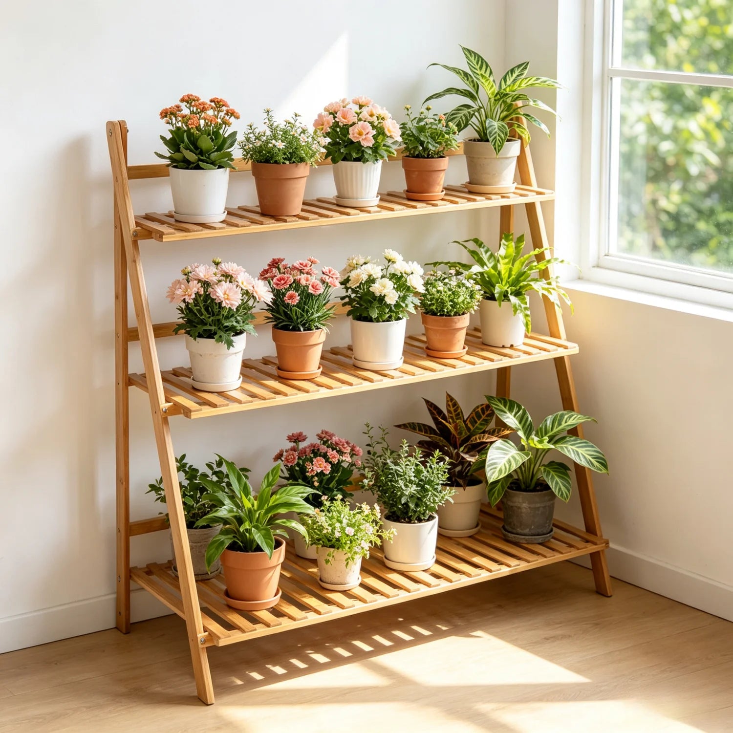 70/100cm Bamboo Plant Stand Folding 3 Tier Flower Pot Display Shelf Indoor Outdoor Ladder Garden Rack