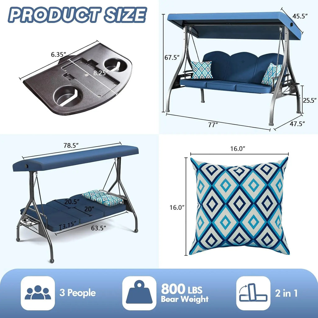 3 Seat Outdoor Porch Patio Swing with Stand 800lbs, 2-in-1 Convertible Swing Bed