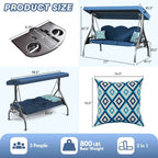 3 Seat Outdoor Porch Patio Swing with Stand 800lbs, 2-in-1 Convertible Swing Bed