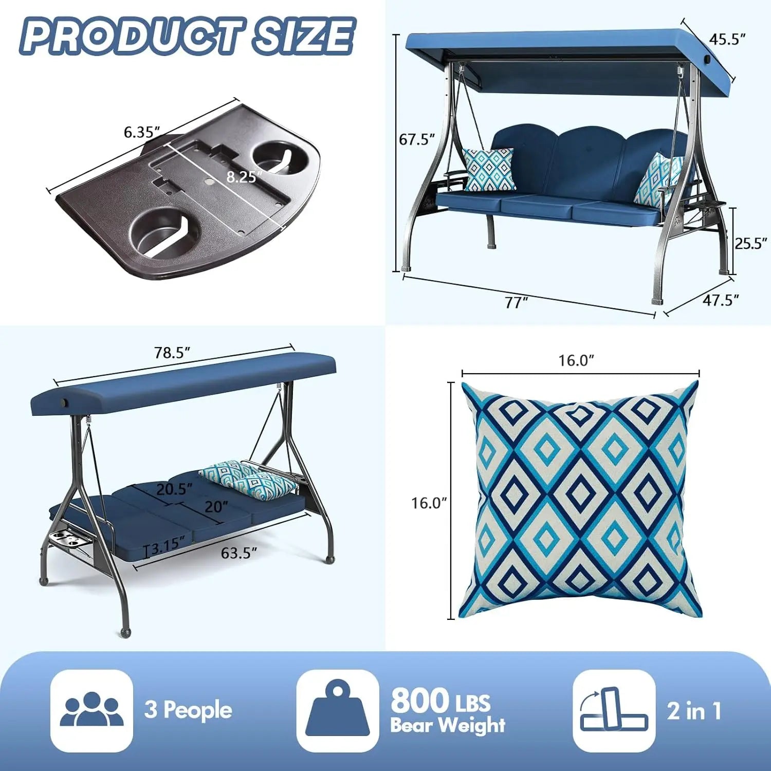 3 Seat Outdoor Porch Patio Swing with Stand 800lbs, 2-in-1 Convertible Swing Bed
