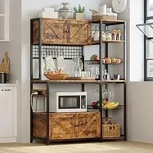Bakers Rack with 2 Storage Cabinets and Power Outlet