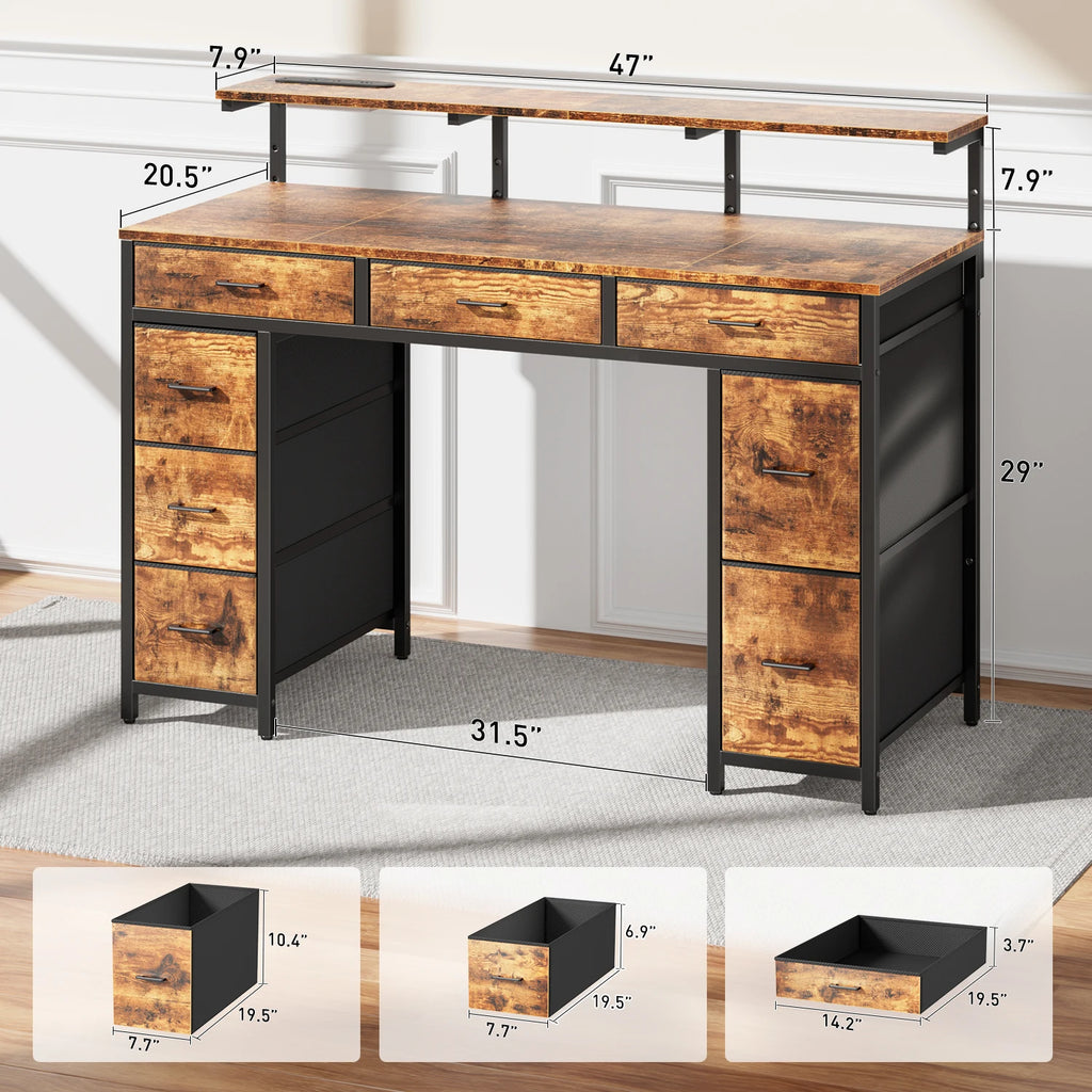 Computer Desk with 8 Storage Drawers, Adjustable Monitor Stand, Writing Desk with LED Lights & USB Power Outlets