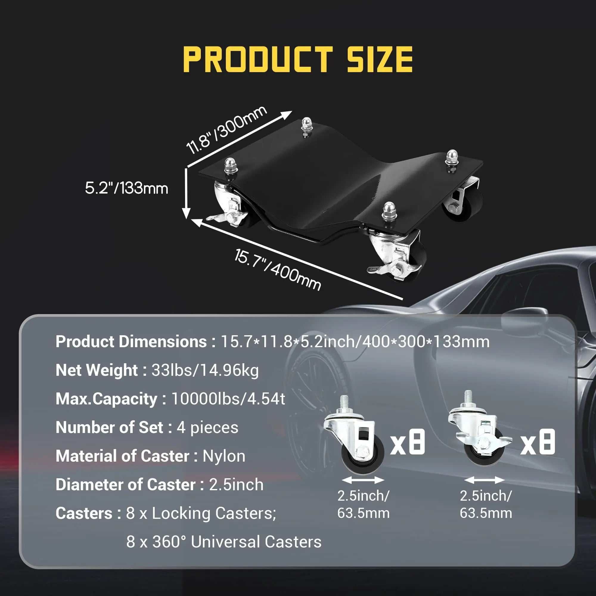 Heavy Duty Vehicle Dolly for Moving Car with 2.5 Inch Nylon Wheels