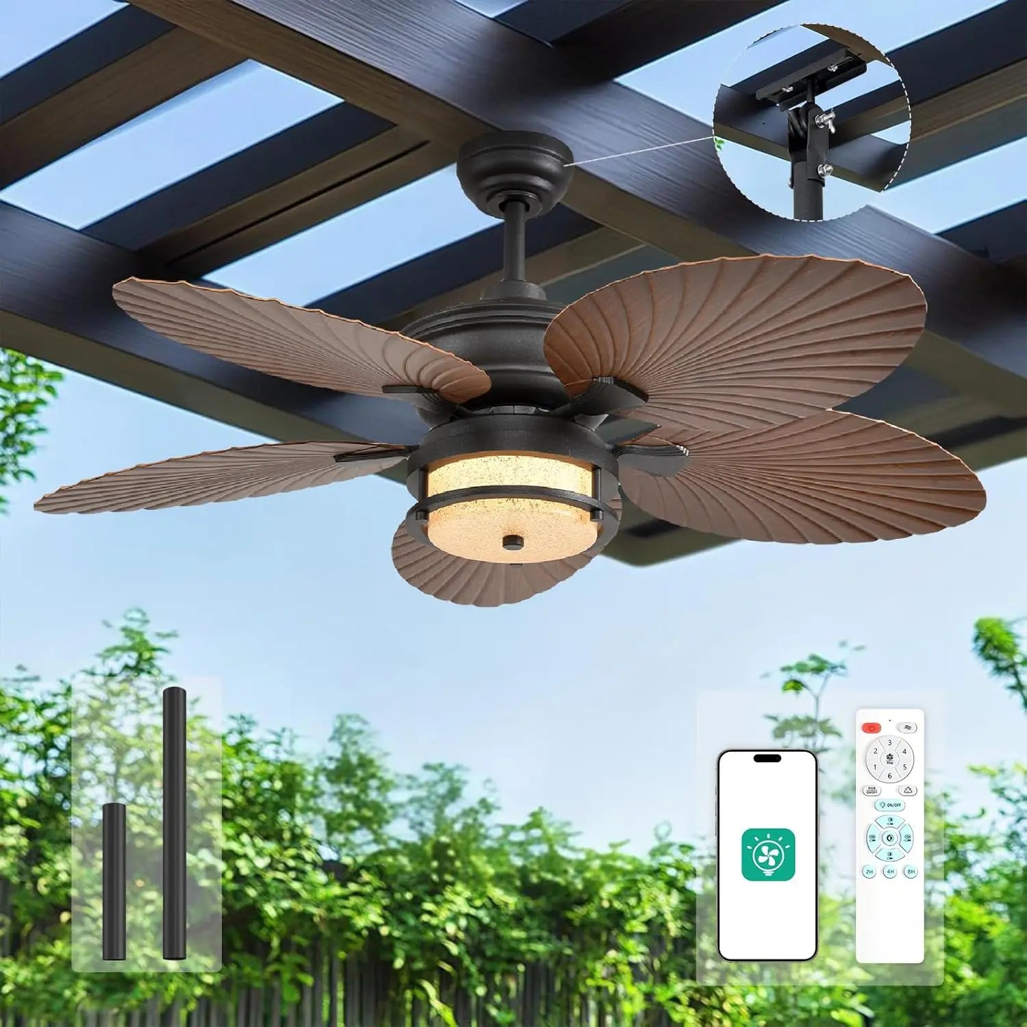 52'' Outdoor Ceiling Fan with Lights, Tropical Palm Leaf Fan, Wet Rated for Patio, Porch & Gazebo, Dimmable LED, 6-Speed,