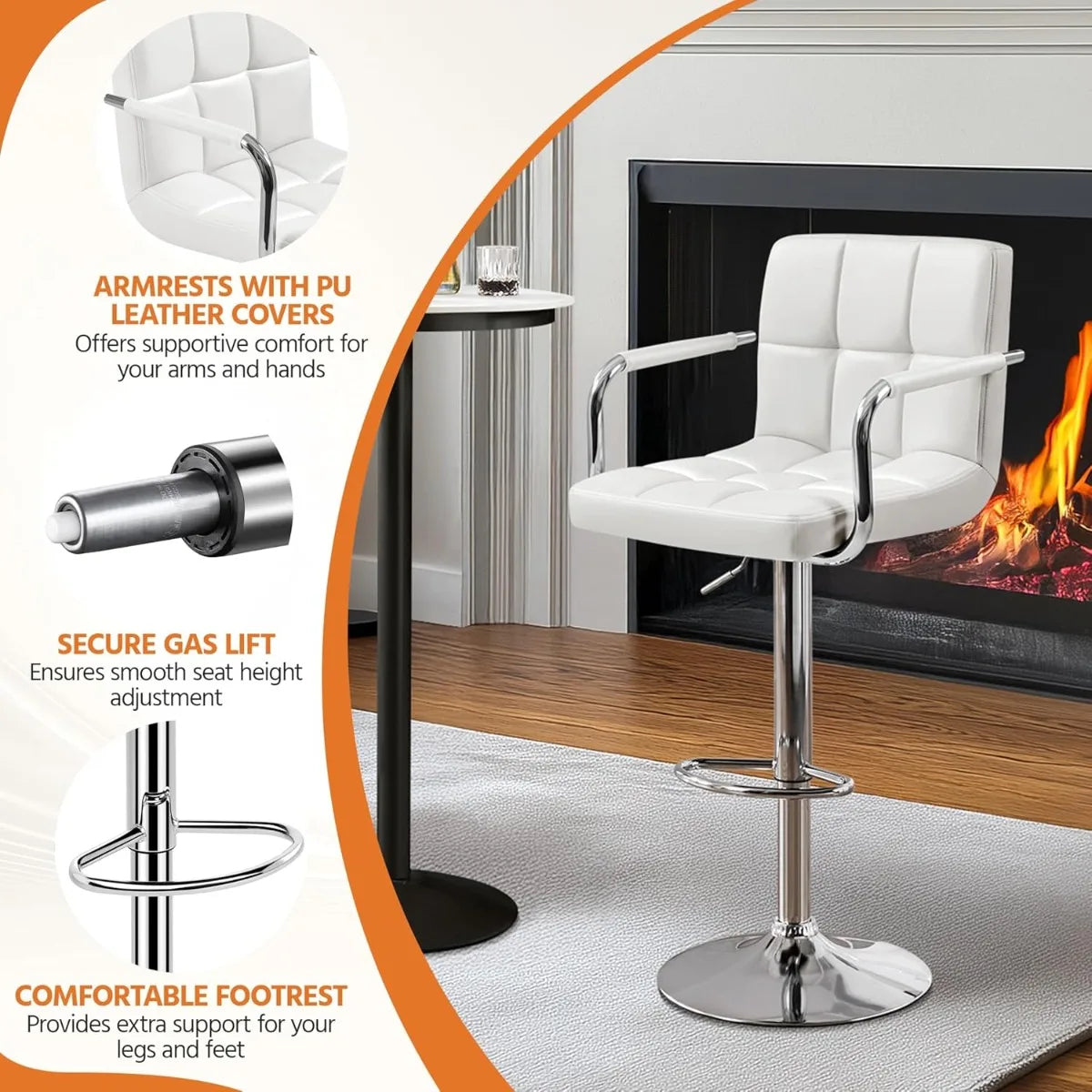 Adjustable Swivel Bar Stools Set of 2, Hydraulic Counter Height with Armrest & Back, PU Leather for Kitchen & Bar