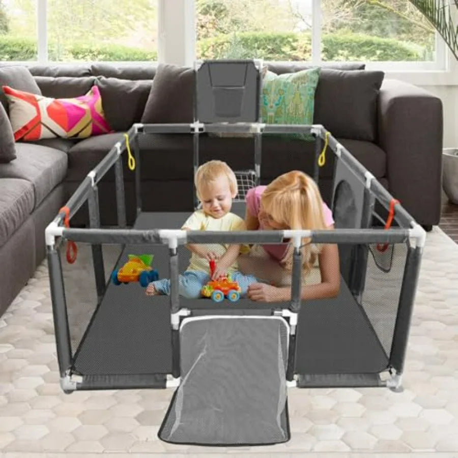 74''×50'' Play Pen for Toddlers with Basketball Hoop Soccer Nets