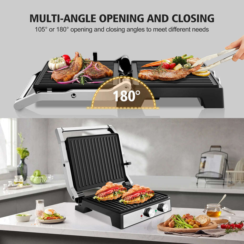 1600W 4-Slice Panini Press With Timer, Adjustable Temp & 180° Opening