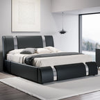 Modern Faux Leather Bed Frame with Iron Pieces Decor, Low Profile Platform Bed Adjustable Headboard