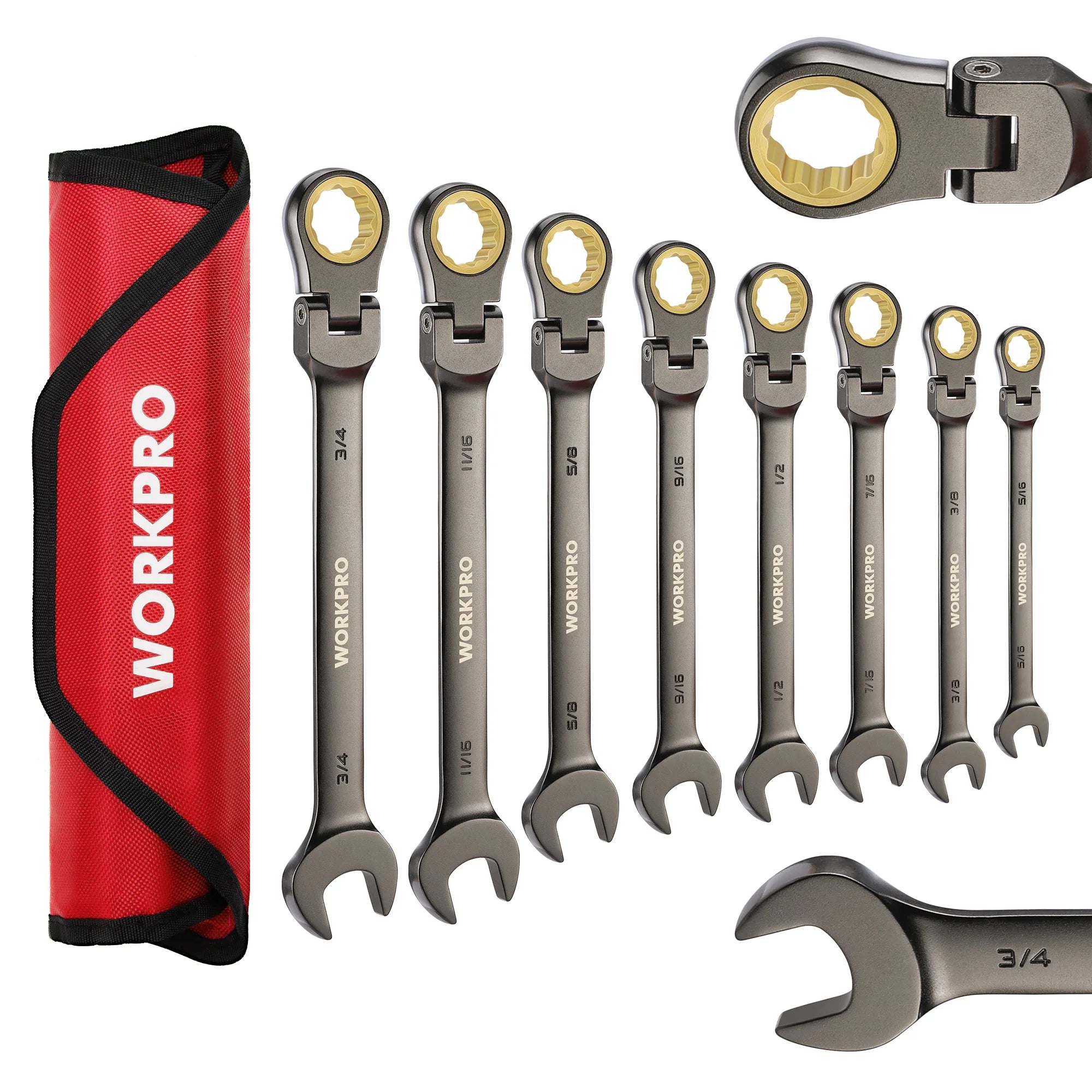 8pcs Flex-Head Ratcheting Combination Wrench Set SAE 5/16-3/4 in 72-Teeth CR-V Constructed