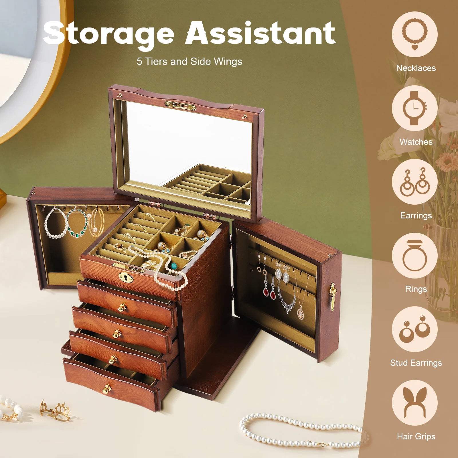 Wooden Jewelry Box with Lock Retro Drawer Style Display