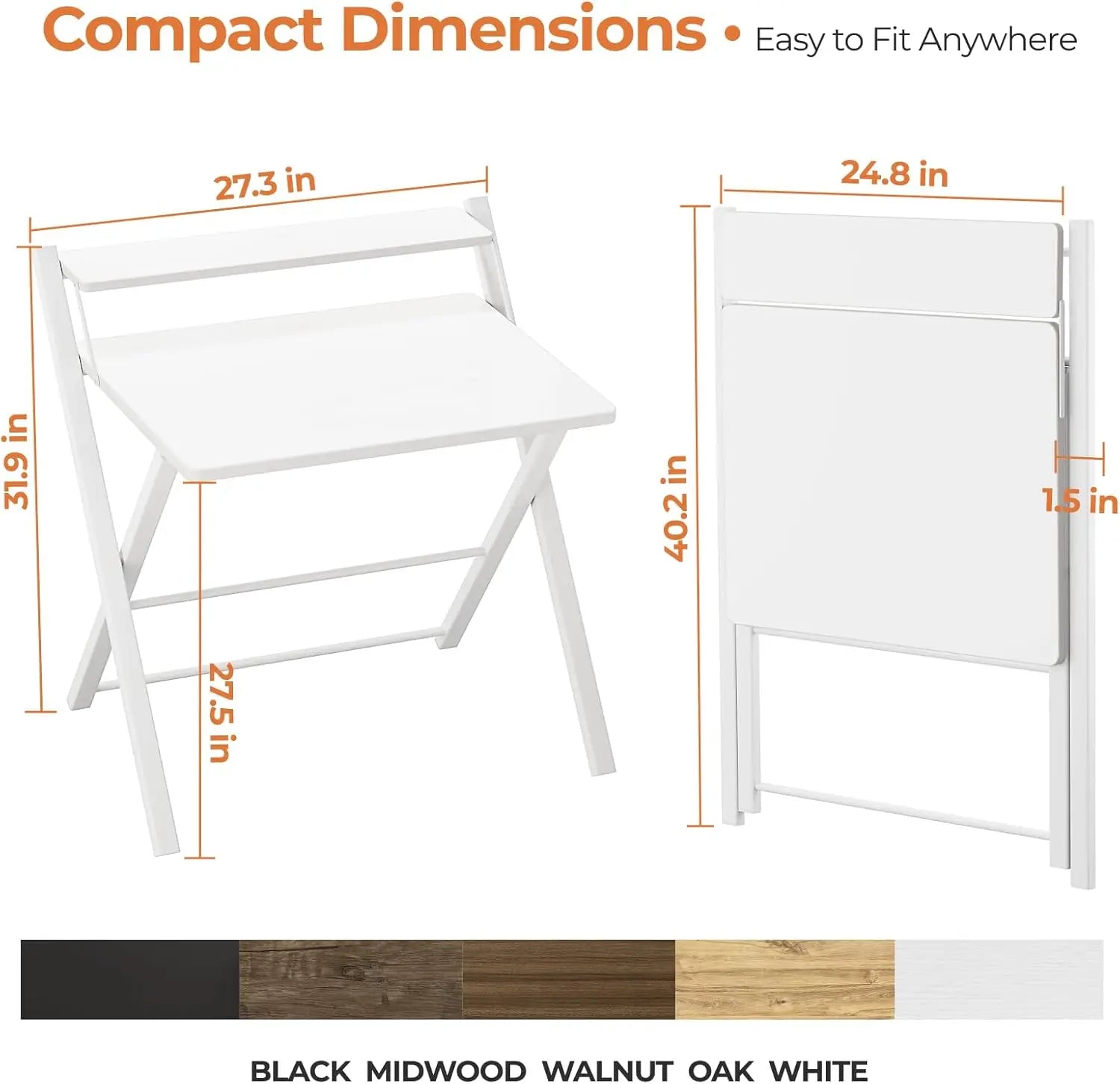 2-Tier Compact Computer Table with Shelf, Space Saving Foldable for Home Office or Dorm, White