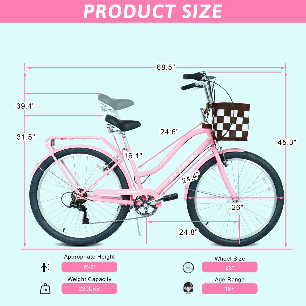 26 Inch Beach Cruiser Bike for Women, 7 Speed Commuter Bicycle with Rear Rack and Basket, Steel Frame Comfortable City Bike with Dual V-Brakes for Adults