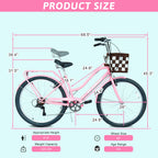 26 Inch Beach Cruiser Bike for Women, 7 Speed Commuter Bicycle with Rear Rack and Basket, Steel Frame Comfortable City Bike with Dual V-Brakes for Adults